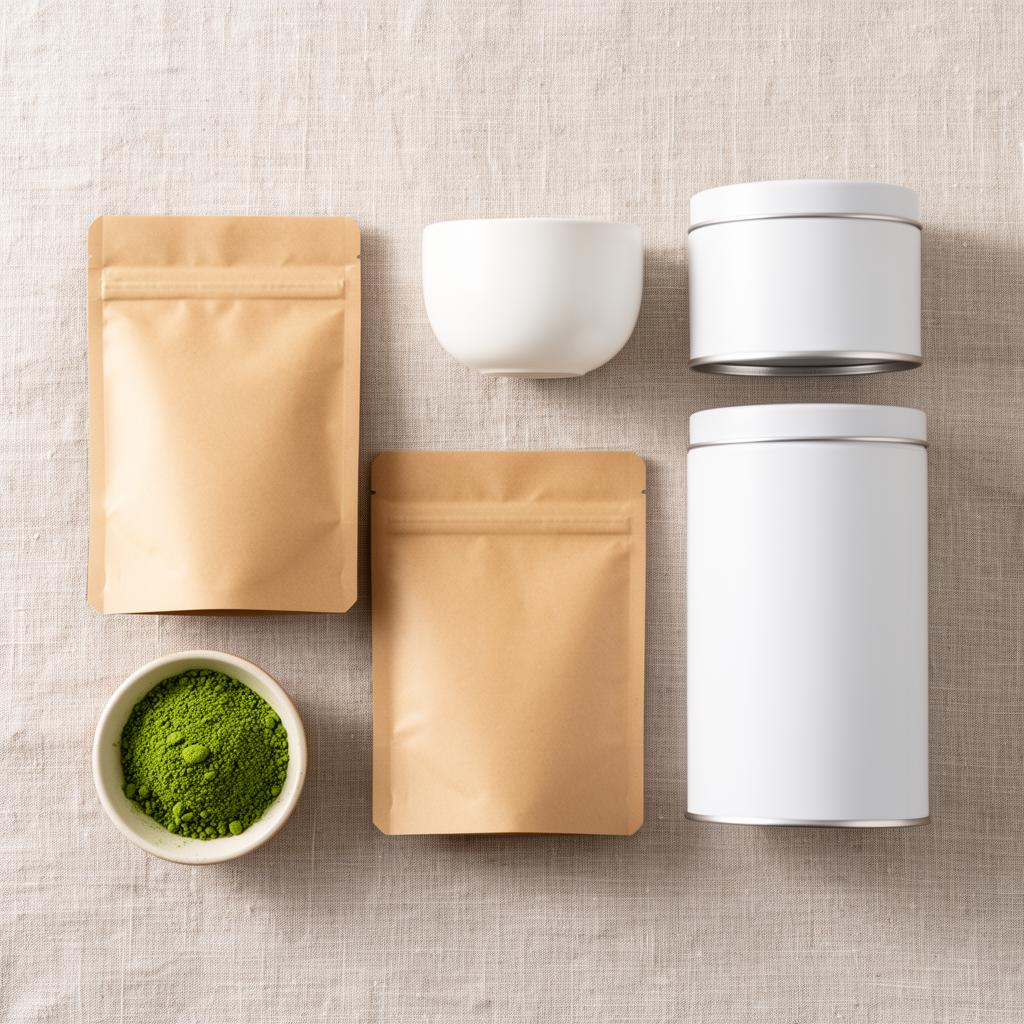 Flat lay of unbranded kraft tea pouches and white tins beside a small dish of bright green matcha