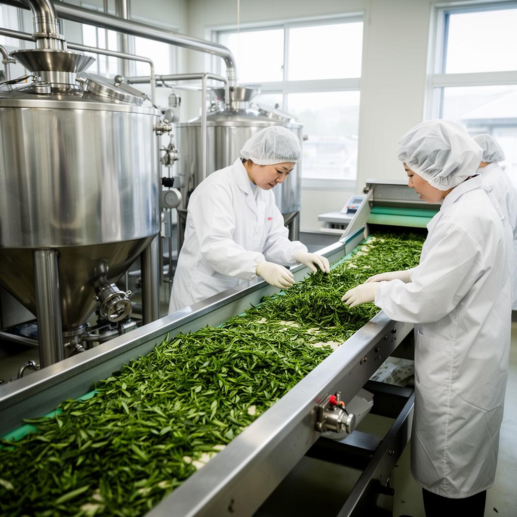 Workers inspecting fresh green tea leaves inside a modern Japanese tea processing facility